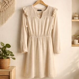 Doe & Rae Cream Long Sleeve Smocked Yoke Dress